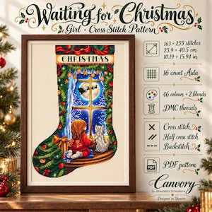 Può includere: Uno schema a punto croce intitolato Waiting for Christmas che raffigura una bambina e un cane che guardano fuori da una finestra la sagoma della slitta di Babbo Natale. Il disegno misura 25,9 per 40,5 cm, usa 46 colori più 2 miscele e richiede tela Aida 16 count.