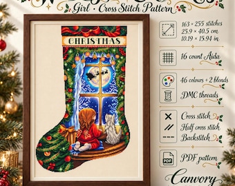 May include: A cross stitch pattern titled Waiting for Christmas featuring a girl and a dog looking out a window at a silhouette of Santa's sleigh. The design measures 25.9 by 40.5 cm or 10.19 by 15.94 inches, uses 46 colors plus 2 blends, and requires 16 count Aida fabric.