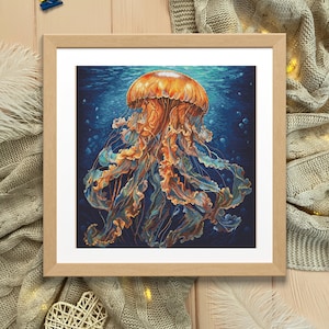 Puede incluir: Una impresión enmarcada de una medusa con tentáculos naranja y marrón sobre un fondo azul oscuro.