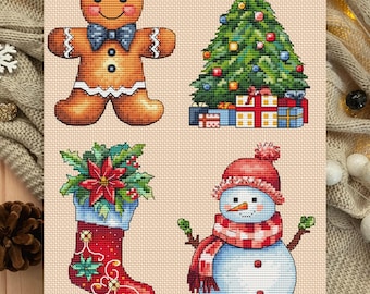 May include: A set of four Christmas-themed cross-stitch patterns featuring a gingerbread man, a Christmas tree with presents, a stocking with a poinsettia, and a snowman.