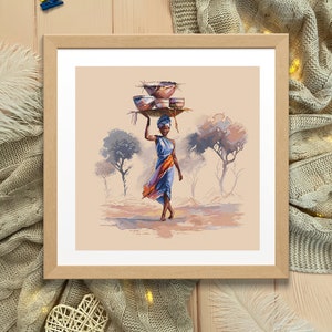 Puede incluir: Una pintura de una mujer que lleva una pila de cuencos en la cabeza. Lleva un vestido azul y naranja y camina por un paisaje con árboles. La pintura está enmarcada en un marco marrón claro.