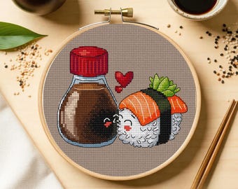 Sushi & Soy Sauce Cross Stitch Pattern – Japanese Food Embroidery (PDF Pattern)