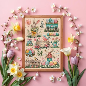 Bundel kleurrijke paasbloemen kruissteekkaart - samplerontwerp met bloemen