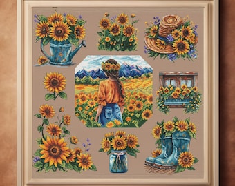 Puede incluir: Arte de punto de cruz enmarcado con girasoles y una mujer en un campo. La obra de arte incluye imágenes de girasoles en una regadera, un sombrero, un tarro y botas. La paleta de colores incluye amarillo, azul y marrón.