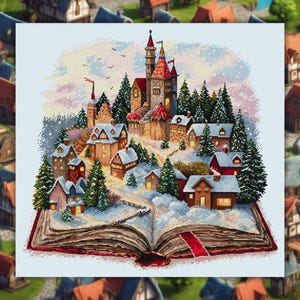Puede incluir: Una escena de un pueblo de invierno con un castillo y casas cubiertas de nieve se representa en las páginas de un libro abierto. El libro está sobre un fondo blanco con un borde rojo.