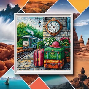 Könnte beinhalten: Ein altertümlicher Zug fährt in einen Bahnhof ein, auf dessen Bahnsteig Gepäck gestapelt ist. Das Gepäck ist grün, braun und beige. Eine Uhr an der Wand zeigt "XII" und "VI".