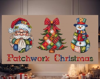 Padrão de ponto cruz digital aconchegante de Natal em patchwork para decoração de festas.