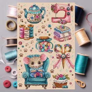 May include: A cross-stitch design with sewing motifs. It features a teapot, sewing machine, spools of thread, a mouse in a chair, and other craft-related elements. The colour scheme is soft, with pastel shades of pink, blue, and green.