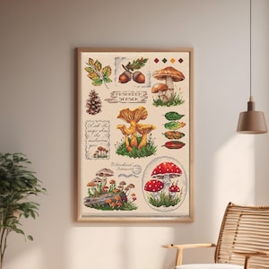 Peut inclure: Une œuvre d'art au point de croix encadrée représentant divers champignons, feuilles et glands. L'œuvre comprend le texte "Mushroom Season" et "Woodland Treasure". La palette de couleurs comprend des nuances de marron, de rouge et de vert.