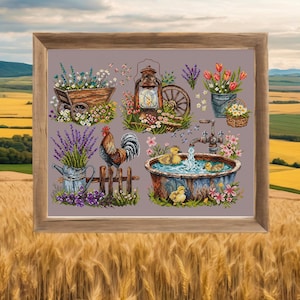 Tuinmonsternemer – kruissteekpatroon | Rustiek boerderijdecor | PDF-borduurkaart | Direct downloaden | Handwerken in landelijke stijl