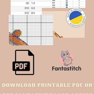 May include: Image showing cross-stitch charts, a PDF icon, and the Fantastitch logo. The charts display numbers and lengths in metres. The text reads "Download Printable PDF or Get Fantastitch App Access."