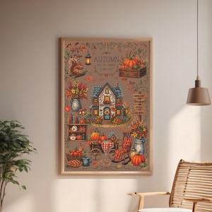Puede incluir: Una lámina de arte enmarcada con una ilustración de temática otoñal sobre un fondo color topo. El diseño incluye una casa central, una ardilla, calabazas en una caja de madera, una mecedora y el texto AUTUMN KEEP THE WARMTH IN YOUR HEART.
