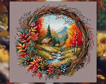 May include: A cross-stitch pattern featuring a wreath of autumn leaves and berries surrounding a picturesque scene of a cabin in the woods with a stream flowing through it.