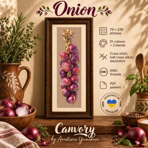 Może przedstawiać: Wzór do haftu krzyżykowego zatytułowany Onion autorstwa Anastasii Yermakovej, przedstawiający warkocz fioletowej cebuli. Projekt wymaga 79 na 239 ściegów, 31 kolorów plus 2 mieszanek oraz użycia haftu krzyżykowego, półkrzyżyków i stebnówki.