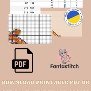 Puede incluir: Un documento de patr&oacute;n de punto de cruz digital con una tabla de colores de hilo, longitudes en metros, un dise&ntilde;o de cuadr&iacute;cula y una insignia circular Made in Ukraine. Incluye un icono PDF, el texto Fantastitch y Download printable PDF or get Fantastitch app access.