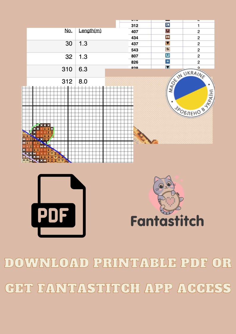 Puede incluir: Un documento de patr&oacute;n de punto de cruz digital con una tabla de colores de hilo, longitudes en metros, un dise&ntilde;o de cuadr&iacute;cula y una insignia circular Made in Ukraine. Incluye un icono PDF, el texto Fantastitch y Download printable PDF or get Fantastitch app access.