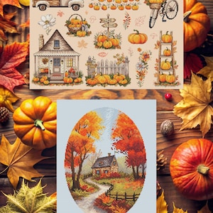 May include: A digital cross stitch pattern featuring a collection of autumn-themed images, including a house, pumpkins, a truck, a bicycle, and a sign that reads "Home Love".