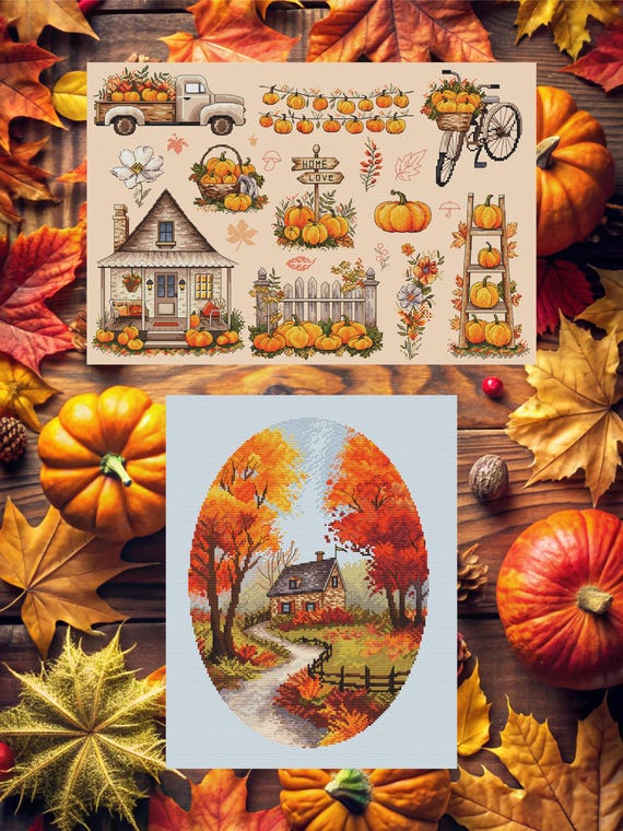 Cross Stitch Patterns Bundle - Autumn Sampler and Road Home Digital download PDF files