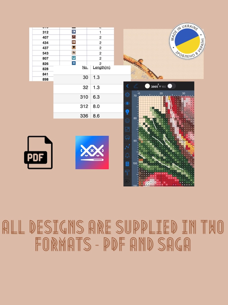 May include: A digital cross-stitch pattern of a colorful floral bouquet. The pattern is available in two formats: PDF and Saga. The image also includes a table with the length of the pattern in meters.