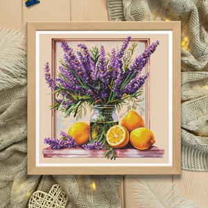 Padrão de ponto cruz com lavanda e limão: natureza morta floral (PDF)