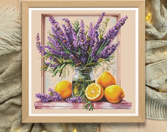 Patrón de punto de cruz de lavanda y limones: Bodegón floral (PDF)