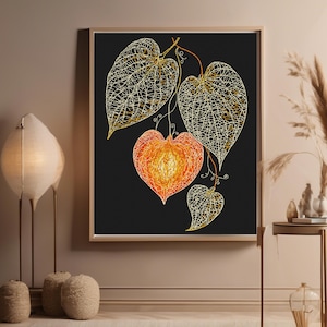 Könnte beinhalten: Ein digitaler Kunstdruck mit einer stilisierten Illustration einer herzförmigen Laterne mit zarten, filigranen Blättern in Gold und Weiß auf schwarzem Hintergrund.