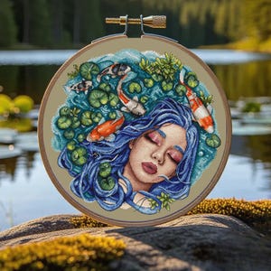 Op de afbeelding: Kruissteekborduurwerk in een houten hoepel toont een vrouw met blauw haar, koikarpers en waterlelies. De ogen van de vrouw zijn gesloten en de vissen zijn oranje, wit en zwart. De achtergrond is een serene waterpartij.