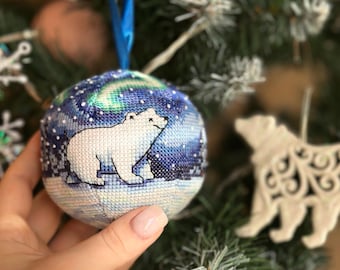 Aurora Polar Bear Ornament Cross Stitch Pattern PDF | Winter Animal Ornament | Northern Lights XStitch