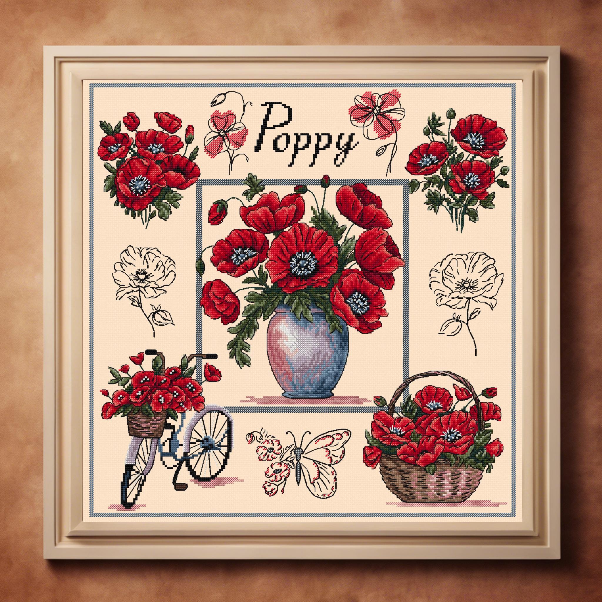 Poppy Sampler — Modern Cross Stitch Pattern | Red Poppies in Vase, Basket & Bicycle | Floral Cross Stitch