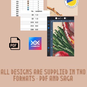 May include: A digital cross-stitch pattern of a colorful floral bouquet. The pattern is available in two formats: PDF and Saga. The image also includes a table with the length of the pattern in meters.