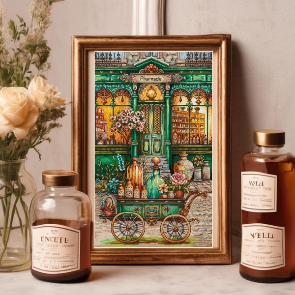 Vintage French Pharmacie Cross Stitch Pattern: Apothecary Cart (PDF Pattern)