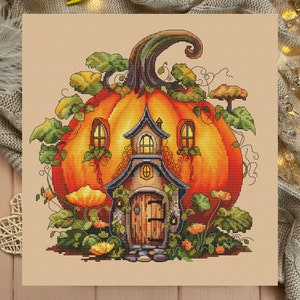 Patrón de punto de cruz de Casa de calabaza, Diseño digital, Punto de cruz moderno de la naturaleza, Punto de cruz contado de Halloween, PDF, Descarga instantánea