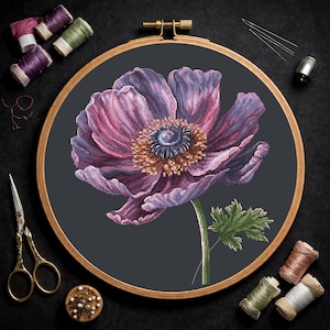 Elegant digitalt korsstygnsmönster med anemon - Blommig heminredning