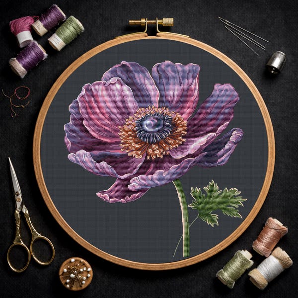 Elegant Anemone Digital Cross Stitch Pattern - Floral Home Decor
