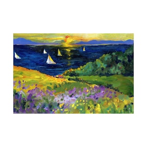 Land-Seascape with Boats Original Painting, Fine Art Print for Easy Framing, Bay Area Hand Painted Sunrise/Sunset Sailing, Museum Quality