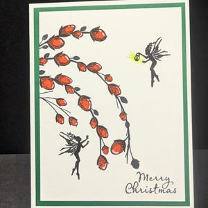 Feliz Natal fadas vermelho verde carimbado floral em branco cartão de felicitações 4,5" por 3,5" com envelopes selos artesanais