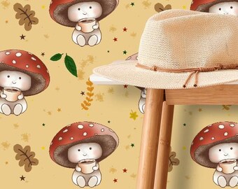 きのこコーヒーシームレスパターン、手描きデザイン（JPEG、PNG）