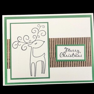 Joyeux Noël joyeux Noël cerf rayures marron vert carte de voeux vierge 4,5" par 3,5" avec enveloppes timbres faits main solstice d'hiver fait main