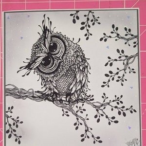 Carte de voeux vierge de paillettes de neige de hibou d'hiver 5,5" par 5,5" avec des timbres faits main d'enveloppes de voeux de joyeux Noël marée de Noël