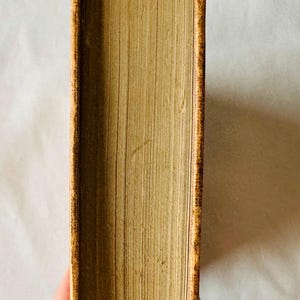 May include: Close-up of the spine of a vintage hardcover book with a brown leather cover and gold-colored lettering. The book is worn and has a slightly faded appearance.