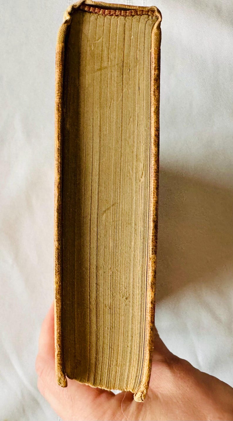 May include: Close-up of the spine of a vintage hardcover book with a brown leather cover and gold-colored lettering. The book is worn and has a slightly faded appearance.