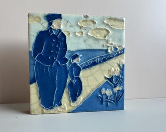 1886 ROOKWOOD TILE - Dutch style with fisherman, boy, tulips, windmill