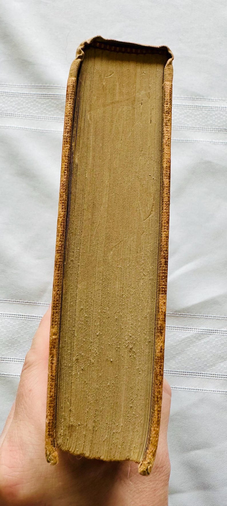 May include: Close-up of the spine of a vintage, hardback book with a brown leather cover and gold-colored edging. The book is worn and has a slightly faded appearance.