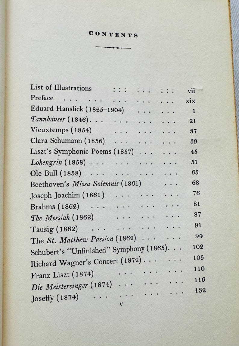 May include: A black and white printed page with a list of composers and their works, including the years of their compositions. The list includes works such as Tannh&auml;user, Lohengrin, The Messiah, and Die Meistersinger.