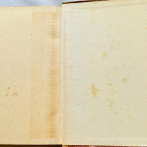 May include: An open book with blank pages. The pages are slightly yellowed and have some brown spots.