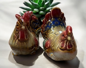 Vintage Rooster and Hen Ceramic Salt & Pepper Shakers 2.5" x 2"