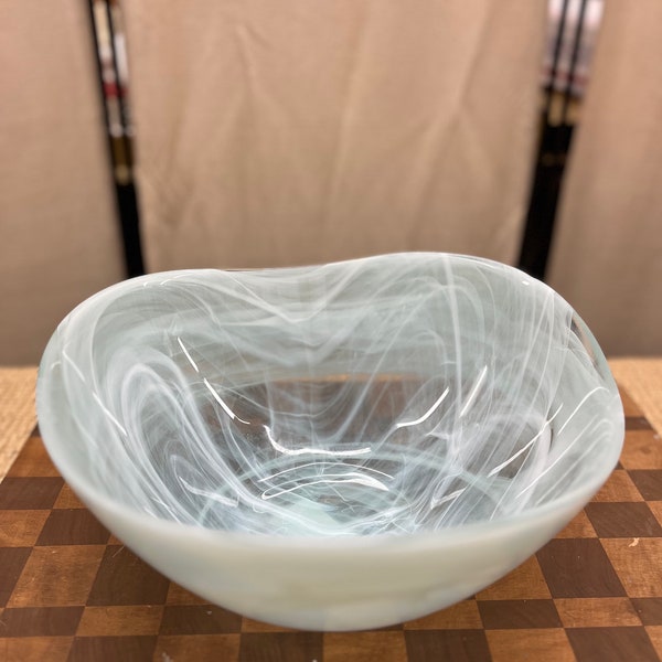 Hand Blown Art Glass Bowl Blue/Green with Swirls of White 9 x 3