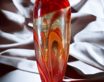 Art Glass Vase Red Pulled Feather Swirl Oval Large Blown Glass Vase