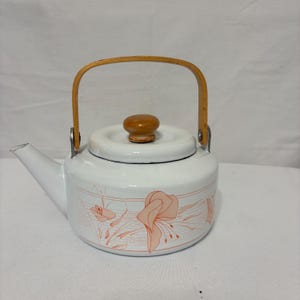 May include: White enamel teapot with a wooden handle and lid knob. The teapot features a floral design in shades of peach and pink. The spout is on the left side, and the handle arches over the top. A classic kitchenware item.
