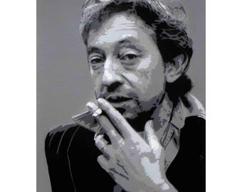 Retrato pop art de Serge Gainsbourg – Collage y pintura al óleo – Obra original enmarcada – Arte único